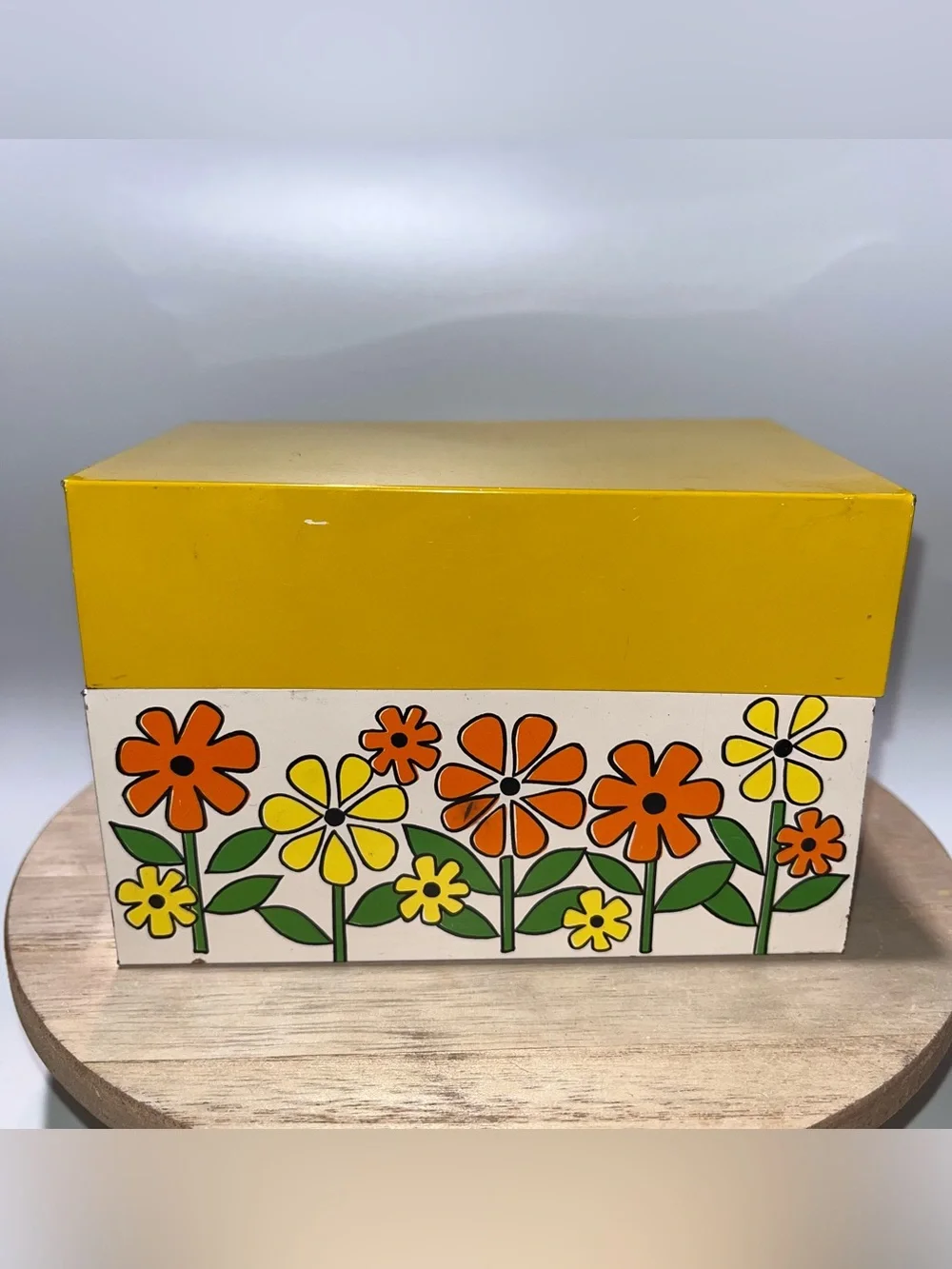 Rare Vtg Otagiri Stamped OMC Japan Metal Recipe Tin Mod MCM Yellow Flower Power